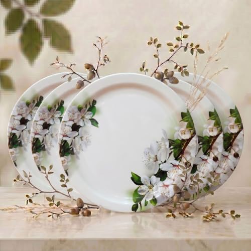 Image of Melamine Dinner Plates | Round Full Plate | Microwave Safe | Break Resistant | Plates for Breakfast, Lunch, Dinner | Plates for home, Office, Restaurant | Set of 6 | 11 Inch's (green flower)