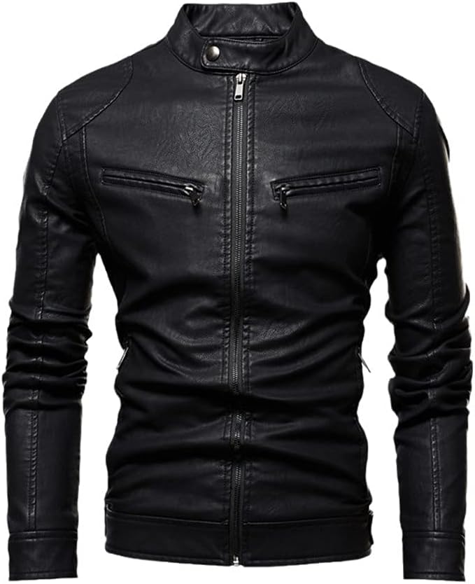 Men's Fleece Biker Leather Jackets Simple Style Stand Collar Coats Male Faux Leather Bomber Outwear