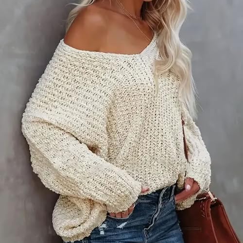 Withbelong Top, Women's Off-The-Shoulder Sweater Loose Lightweight Pullover Top, V-Neck Hollow Knitted Long-Sleeved4