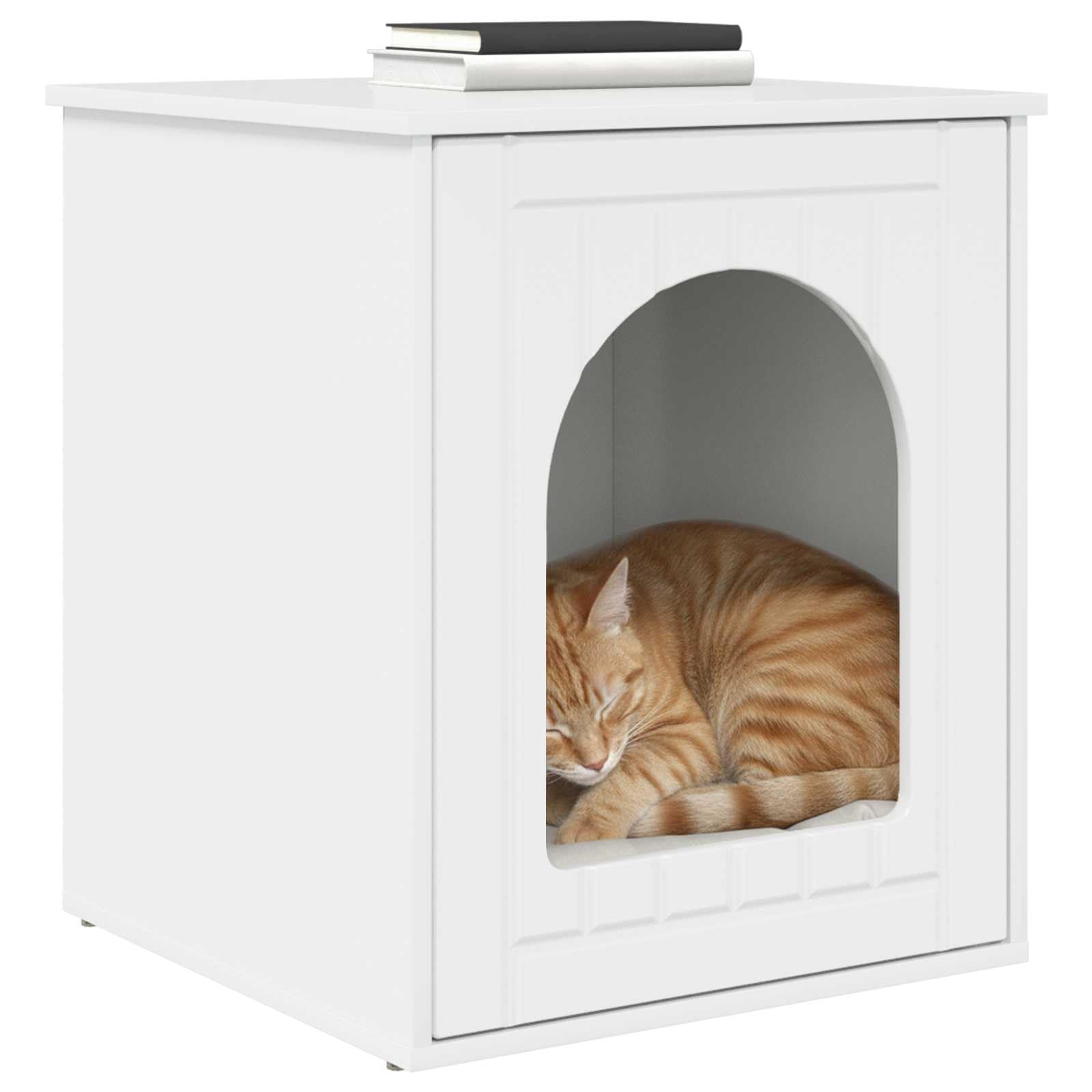 Katzenhaus glänzend Weiß aus Holzwerkstoff 53 x 52 x 62 cm stabiles Katzenmöbel mit Höhle Kratzbrett und Liegefläche ideal für Indoor Wohnung und Krallenpflege