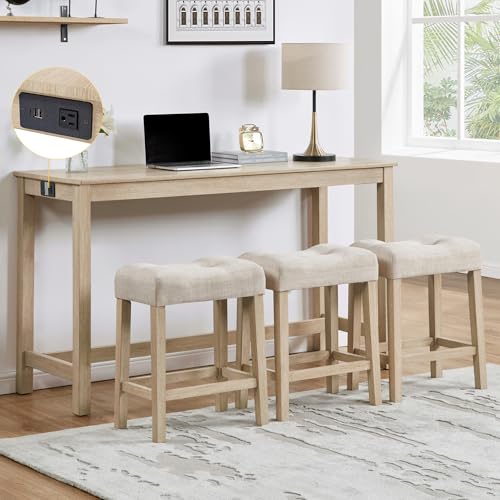 Merax 4 Piece Dining Bar Table Set with Power Outlet,Behind Sofa Couch Table with 3 Linen Fabric Padded Saddle Seat Stools,for Living Room,Dining Room,Light Oak