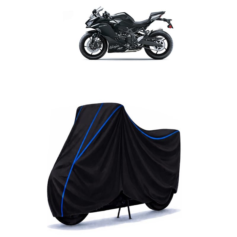 Image of Ninja ZX-4R Bike Cover Water Resistant Universal Motorcycle Rain | Heavy Duty UV Protection, Dust, Scratch Indoor Outdoor All Weather with Black Blue Piping Elastic