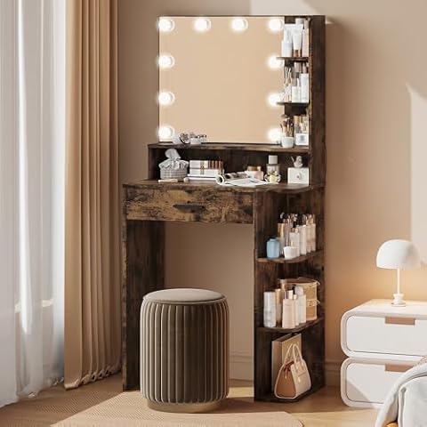 DEYGIA Small Makeup Vanity Desk with Mirror and Lights, Makeup Vanity Desk with Lights with Large Drawer and 6 Shelves, White Vanity with 3 Color Lighting Modes (Vintage Brown) Cover