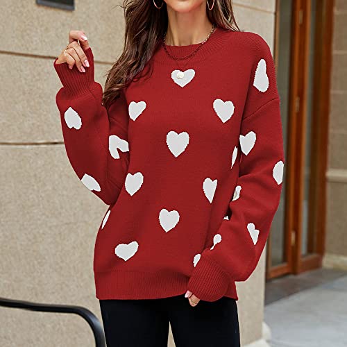 Image of Cute Sweaters for Women Girls Lovely Heart Printed Loose Casual Oversized Sweaters Crewneck Long Sleeve Pullover Knit Top