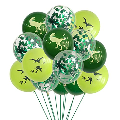 Leikedun 15 PCS Dinosaur Balloons - 12 Inch Green Latex Balloons Kit with Green Ribbon for Kids Birthday Party Decorations