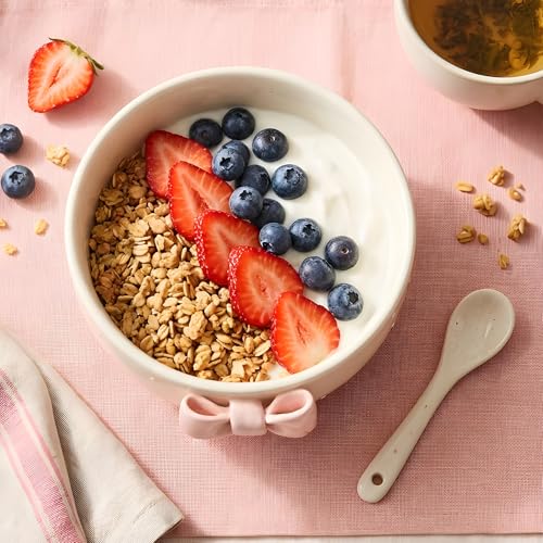 Image of Handmade Aesthetic Ceramic Bowl with 3D Pink Bow, 450ml Cute Breakfast Bowl for Cereal, Soup, Noodles, Desserts, Food-Safe Premium Ceramic Adorable Kawaii Bowl