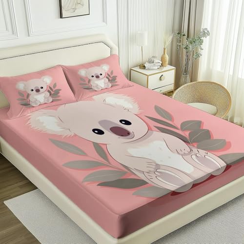 Sábana Bajera 90 × 190 cm - Dibujos Animados Animal Koala Hojas Estampada - Altura 30cm - Rosa Microfibra Suave y Transpirable - Sábanas Bajeras Ajustables - Antiarrugas y antialérgico