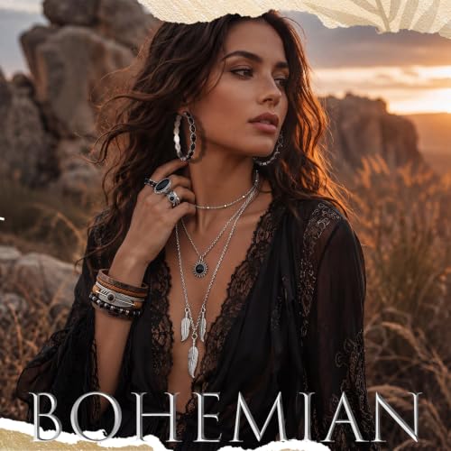 Image of Ecally Bohemian Western Jewelry Turquoise Set Women Country Pendant Long Choker Layered Bracelets Earrings Ring for Women