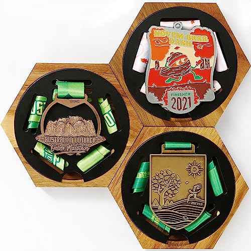 JupDec Medal Hanger Display Honeycomb Wooden Hexagon for Wall with Strong Magnets & Black Round Iron Medal Holder for Sports Marathon Gymnastics 3 Pack