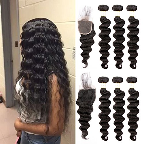 Ugrace Hair Bundles with Closure Loose Wave with Closure Brazilian Hair with Closure Virgin Human Hair Loose Wave Closure with Bundles Natural Color Full and Thick 20 22 24+18 Inch Free Part