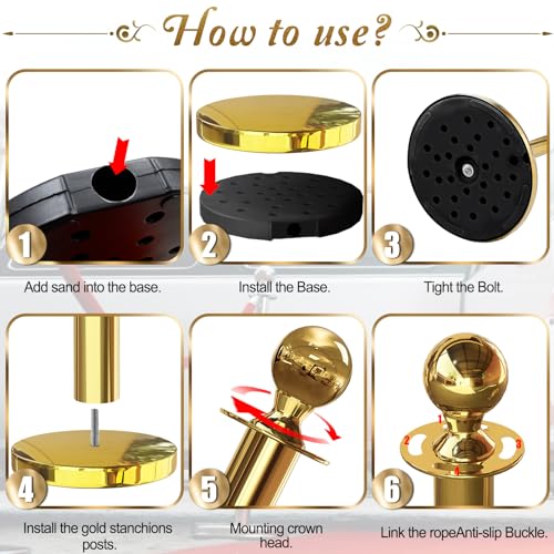 JLXMAXLJ Postes de Suporte de Ouro de 6 Peças com Corda de Veludo Vermelho de 4 Peças de 5 Pés, Conj