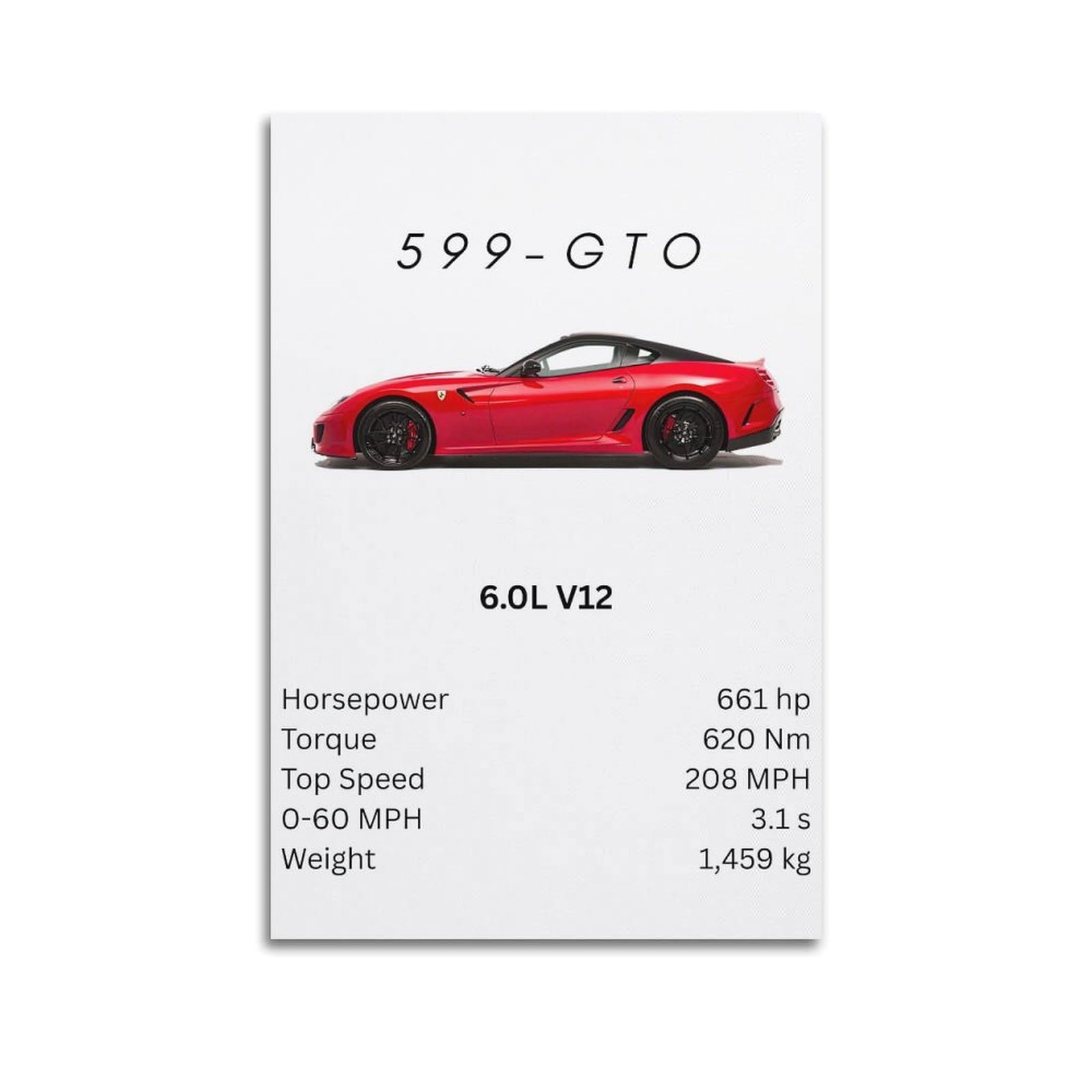 OKAHYS 599 GTO Supercar Poster Italy 6.0 V12 Sports Car Artwork Decorative Painting Canvas Wall Artworks Picture 16x24inch(40x60cm)