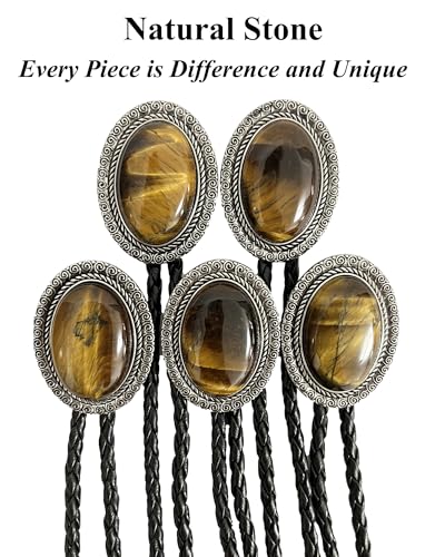 Image of Jeilwiy Bolo Tie for Men Real Stone Westwern Cowboy Ties Silver Bolos Women Leather Necktie Gift for Birthday Christmas