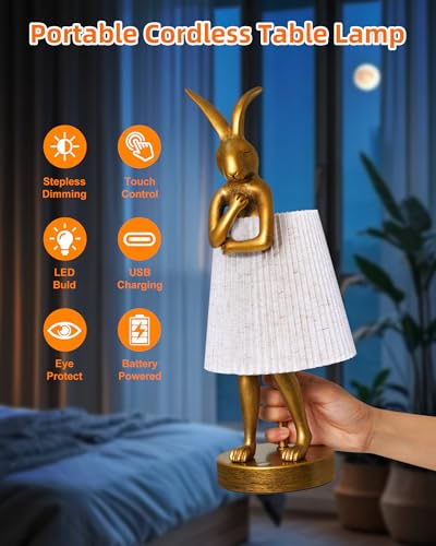 Bunny Rabbit Cordless Table Lamp – 5000mAh Rechargeable Battery Powered LED Night Light Cute Vintage Animal Desk Bedside Lamp with Linen Shade for Kids Room Nursery Home Decor Gift (Pattern)