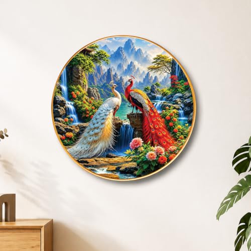 Image of PAINTINGMANTRA Pair of Peacocks Vastu Framed Wall Art Painting For Living Room, Waterfalls & Mountains Poster with frame for Wall, Decoration item for bedroom & Home, 23 Inch