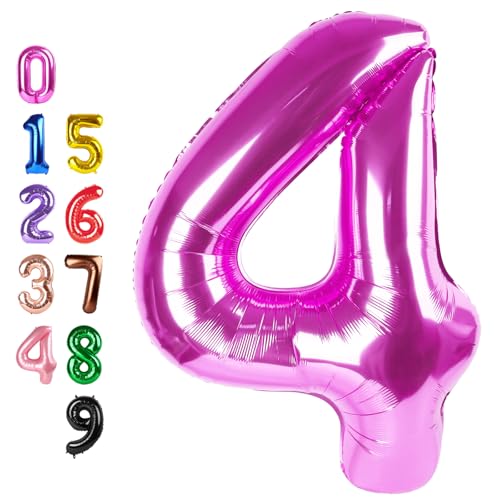 Image of 4 Balloon 40 inch Pink Number Balloons for 4th Birthday Party Decorations | Saturated Color, Large 40 in, With Straw & Hanging Hole, For Back-to-School Season, Wedding, Christmas, New Year, Anniversary