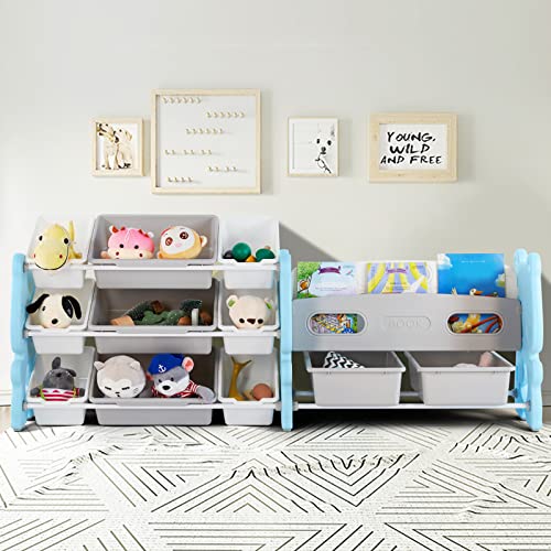 Image of JOYLDIAS Kids' Toy Storage Organizer and Children Bookshelf, 3-Tier Kids Storage Organizer for Toys with 11 Removable Bins, DIY Stickers, Cartoon Bear Style 62.2''x13''x25.4'', Sky Blue