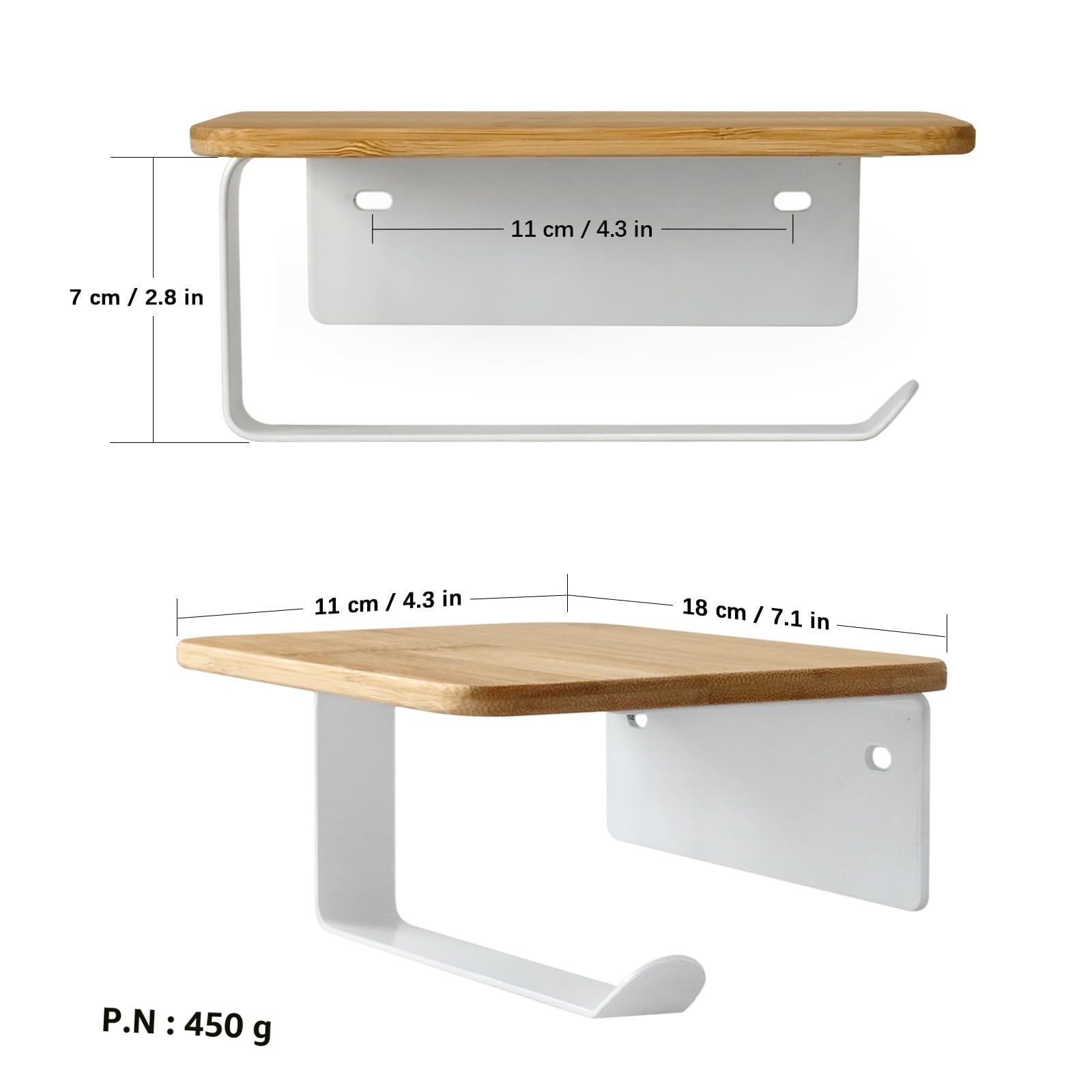 Porte Rouleau Papier Toilette Adhesif sans Percage Derouleur WC Murale avec Étagère en Bambou 2 en 1 Support Papier Toilette Mural avec Perçage Blanc