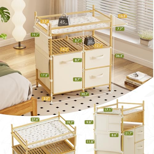 Image of Amazer Baby Changing Table, Bamboo Baby Dresser Table with Flat Top, Diaper Changing Station with 3 Removable Storage Drawers, Large Storage Nursery Organizer Shelves with Pad, Mesh Pocket