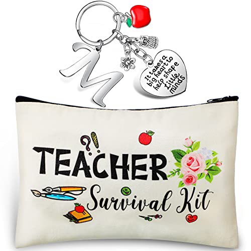 Hinly Teacher Appreciation Gift Set, Teacher Survival Kit Bag Keychain with Initial for Graduation Retirement Teachers Gifts(M Style)