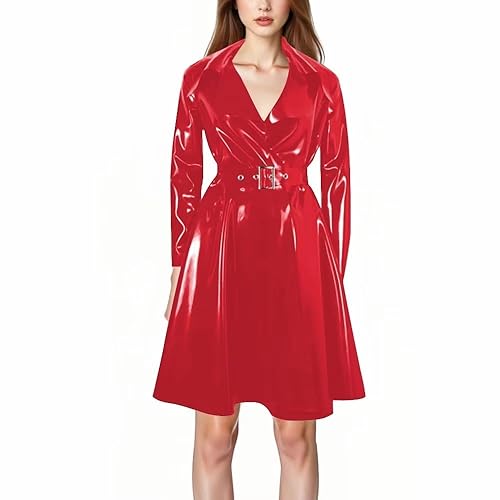 ERFSQIYALHJ Mode Wetlook Trench Jacken Patent PVC Leder Mantel Revers Gürtel Trench Club Street Wear - Rot - L
