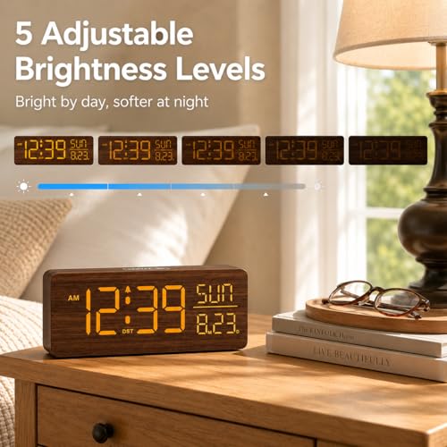 Image of Peakeep Wooden Digital Alarm Clock Large Display, Textured Decoration | for Bedroom Living Room Desk Table, Electric Plug-in Clock Battery Backup with Time Date Day, 5 Brightness, Auto DST