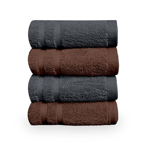 Image of Divine Casa Cotton Hand Towels Pack of 4 Brown & Grey, 550 GSM Ultra Soft & Highly Absorbent Thick Bathroom Towels, 60 x 40 cm