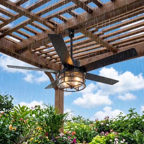 Virelite 52" Weatherproof Outdoor Ceiling Fan with 4 E12 Base, Plug-in Caged Patio Fan, 6-Speed Remote & App Control, Reversible DC Motor, Matte Black
