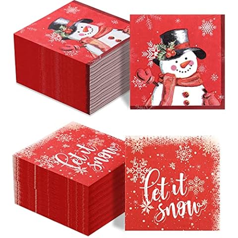 100 Stück Weihnachten Schneemann Papierservietten Winter Schneeflocke Cocktail Servietten Roter Feiertag Let It Snow Getränkeservietten Cover