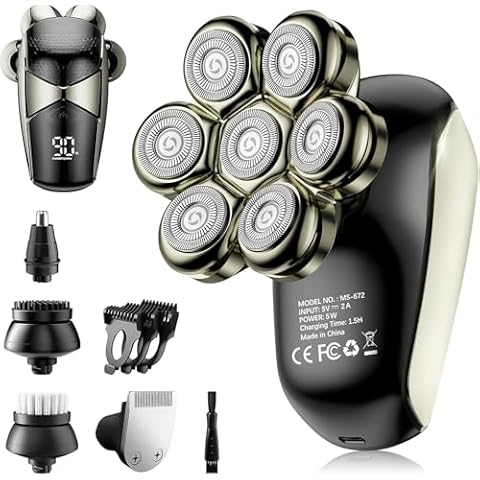 Detachable Head Shavers, SHPAVVER 5 in 1 Electric Razor IPX7 Waterproof for Bald Men, Wet Dry LED Display Rechargeable 7D Rotary Shaver Grooming Kit with Type C Charge A，Light Yellow Cover