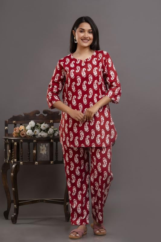 Image of Pure Cotton Printed Night Suit Top and Pyjama Set for Women's Night Dress of Shirt & Pyjama Set for Womens