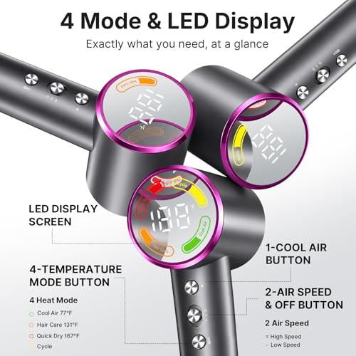 Image of High-Speed Hair Dryer with Diffuser, Ionic Blow Dryer, Gray | 160,000 RPM Brushless Motor, 500 Million Negative Ions, Prevents Overheating, 59dB Low Noise, For Curly Hair, Travel Compact