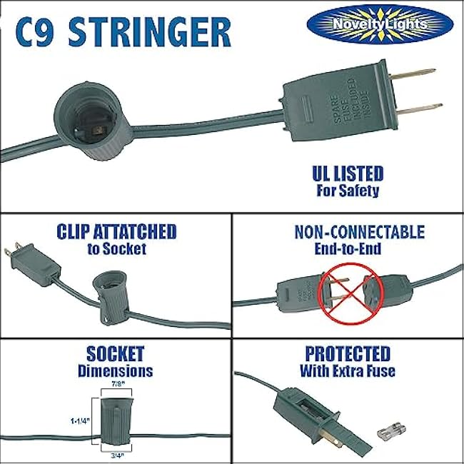 Novelty Lights 100 Foot C9 Outdoor String Light Christmas Stringer - Patio String Lights - Intermediate Base (C9/E17) - 12 Spacing - White Wire