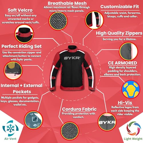 BYKR Mesh Motorcycle Jacket For Men Dual Sports Adventure Breathable Air Racing Bikers Riding Powersports Protective Motorbike Jackets Enduro CE Armored Red Medium