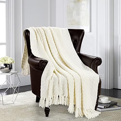 HOMEIDEAS Warm Tassel Knit Blanket Throw Size for Couch Sofa Bed, Cream Thick Knitted Armchair Office Chair Throw Blankets, Winter Chunky Blankets(50x60)