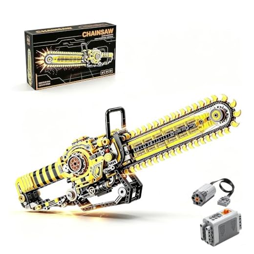Minsara Lane Mechanical Chainsaw Building Kit, 1096 Pcs Motorized Rotating Chain Model with 2-in-1 Manual & Electric Gear Drive, LED Lights, STEM Engineering Toy Gift for Adults Teens & Kids 8+