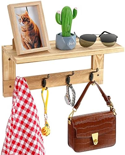 VIEWALL Coat Rack Wall Mount with Shelf, Wooden 15.74 Inch Coat Hooks Wall Mounted with Shelf and 4 Dual Vintage Metal Hooks, Entryway Wall Hanging Shelf with Hooks for Bathroom, Living Room, Bedroom