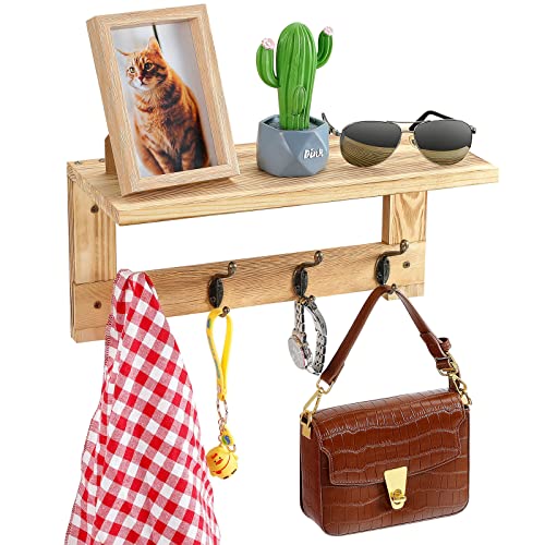 Viewall Coat Rack Wall Mount With Shelf, Wooden 15.74 Inch Coat Hooks Wall Mounted With Shelf And 4 Dual Vintage Metal Hooks, Entryway Wall Hanging Shelf With Hooks For Bathroom, Living Room, Bedroom #TOP2