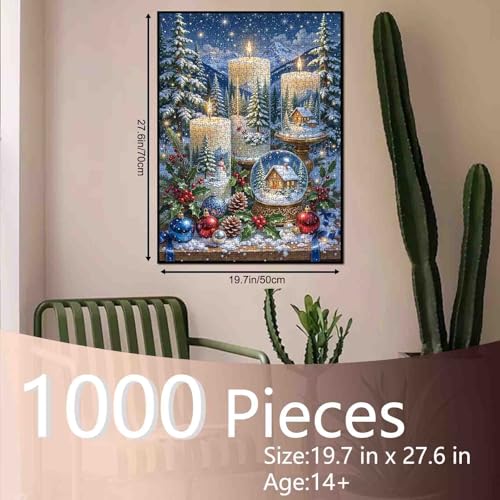 Snowy Candles Winterhütte, 1000-teiliges Puzzle für Erwachsene, Studenten, gemütliches Weihnachtspuzzle, Kunst, Urlaub, Wald, Nacht… – Ansicht 3