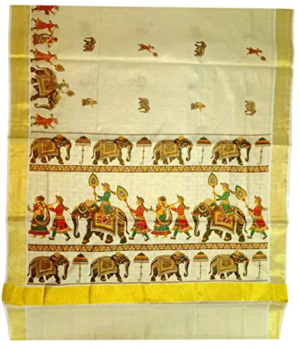 Image of Women's Mural Printed Kerala Gold Tissue Saree with Running Blouse Piece | Traditional South Indian Ethnic Saree for Festivals, Weddings & Special Occasions