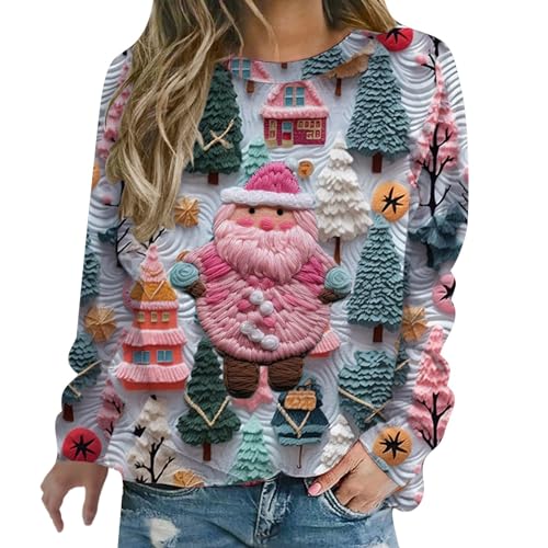 Celanisai Jersey feo navideño para mujer con estampado 3D divertido, sudadera de Navidad de manga larga con cuello redondo, lindo jersey con estampado navideño, sudadera navideña, jumper feo de