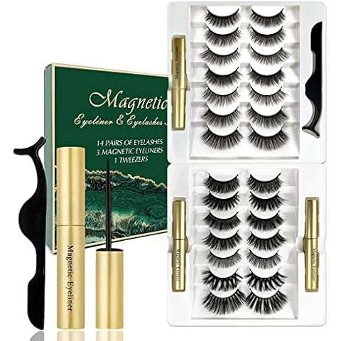 14 Pares de Pestañas Magnéticas con Eyeliner, Pestañas Postizas Gruesas No Necesita Pegamento, Reutilizable Extensión de Pestañas de Maquillaje, Naturales False Eyelash Magnetic(B) Cover