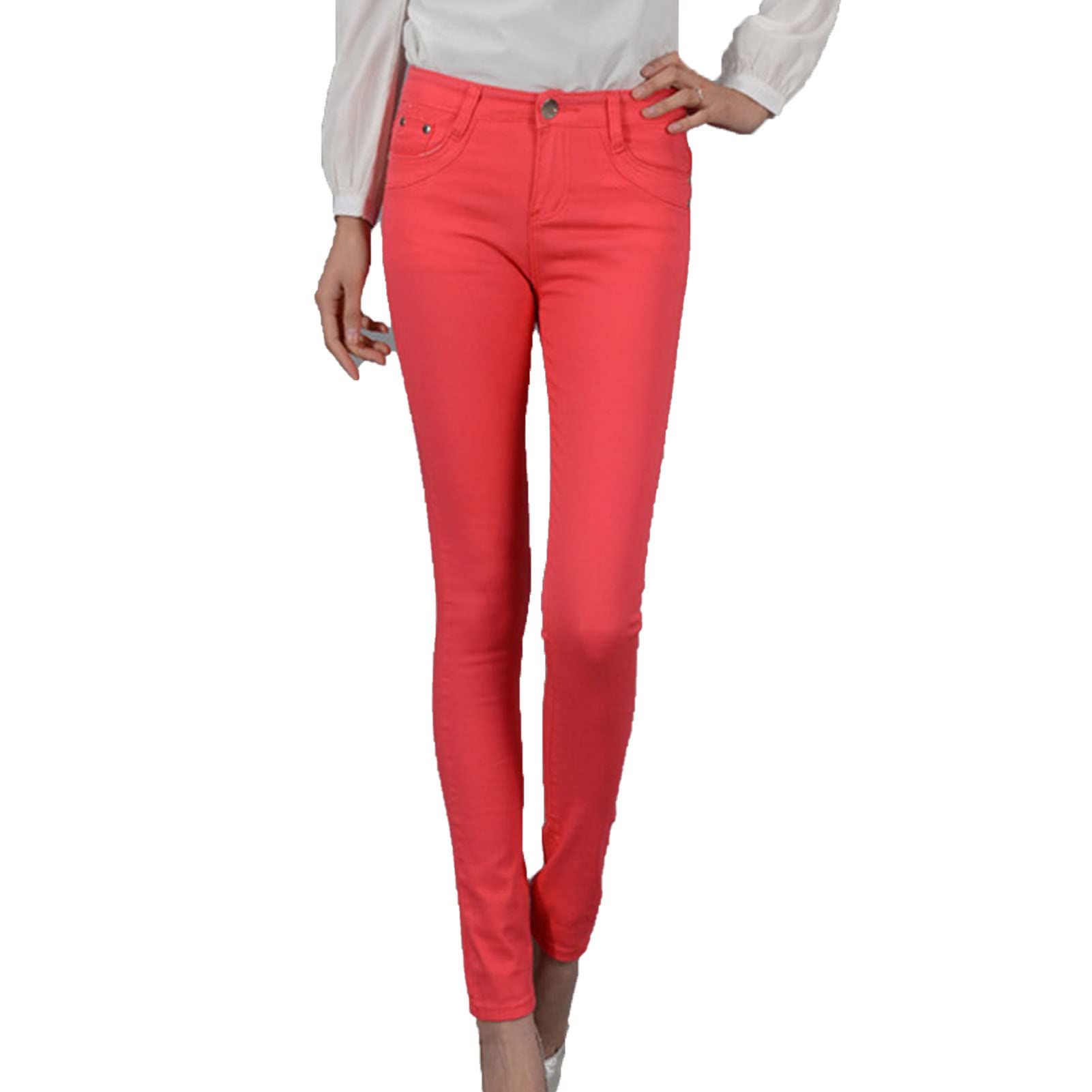 Women's High Waisted Stretch Skinny Jeans Casual Solid Color Slim Fit Pencil Jeans Slimming Butt Lift Denim Pants (Light Red,25)