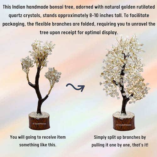 Image of Certified Gold Rutilated Quartz Crystal Tree for Good Luck - Healing Crystals Money Tree for Wealth, Positive Energy at Home Office - Decorative Spiritual Gifts for Vastu, House Warming