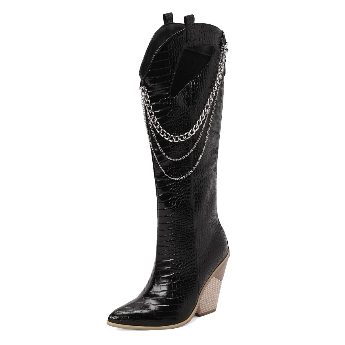 Womens Fashion Cowboy Knee High Boots Pointed Toe Chains Zipper Chunky Heels Tall Wide Calf Riding Dressy Boots
