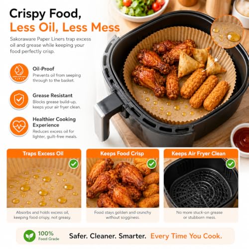 Image of Sakoraware 100 PCS Air Fryer Paper Liners 8 x 8 Inches, Disposable Non-Stick Parchment Paper for Air Fryer, Oil Proof, Food Grade Baking Paper for Roasting, Baking & Cooking (Air Liner RD)