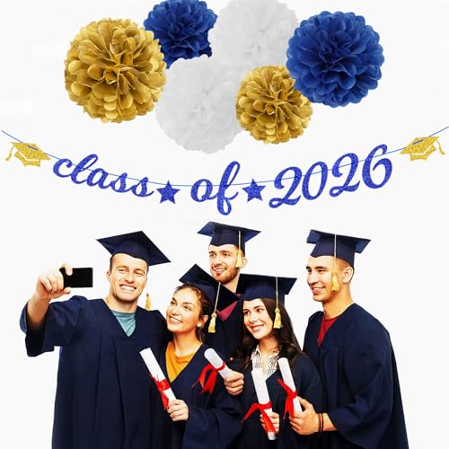 Image of Navy-Blue Gold-White Party-Decoration Graduation Banner - 14pcs Kits Cap Garland Streamers, Royal Paper Tissue Pom Poms Flowers Fans Honeycomb,Class Of 2026 College High School Grad Decor Hugfond
