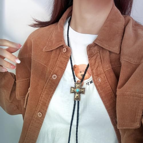 Image of Joxevyia Bolo Tie for Men Vintage Cow Skull Leather Rope Western Cowboy Necktie Vintage Bola Tie Gift for Him