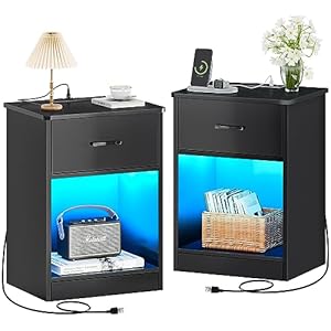 Huuger Nightstands Set of 2, Night Stands with Charging Station & LED Light Strips, Bedside Tables with Drawer, Side Tables Bedroom, End Tables with Open Storage, Black