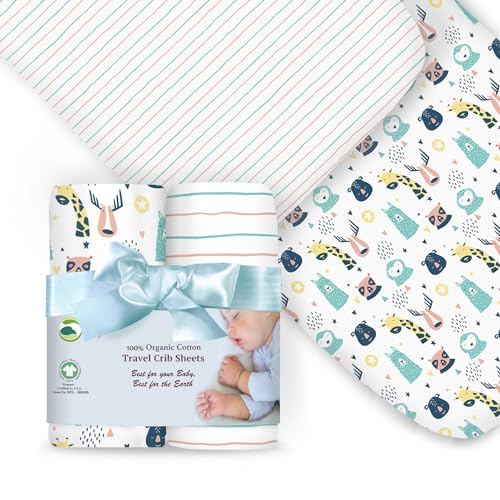 Image of 100% Organic Cotton Fitted Travel Crib Sheets, Perfectly Compatible with Guava Lotus, BabyBjorn, Dream On Me and All mattresses 22-26" Wide by 40-44" Long. Strap Holes in Corners. 2 Pk
